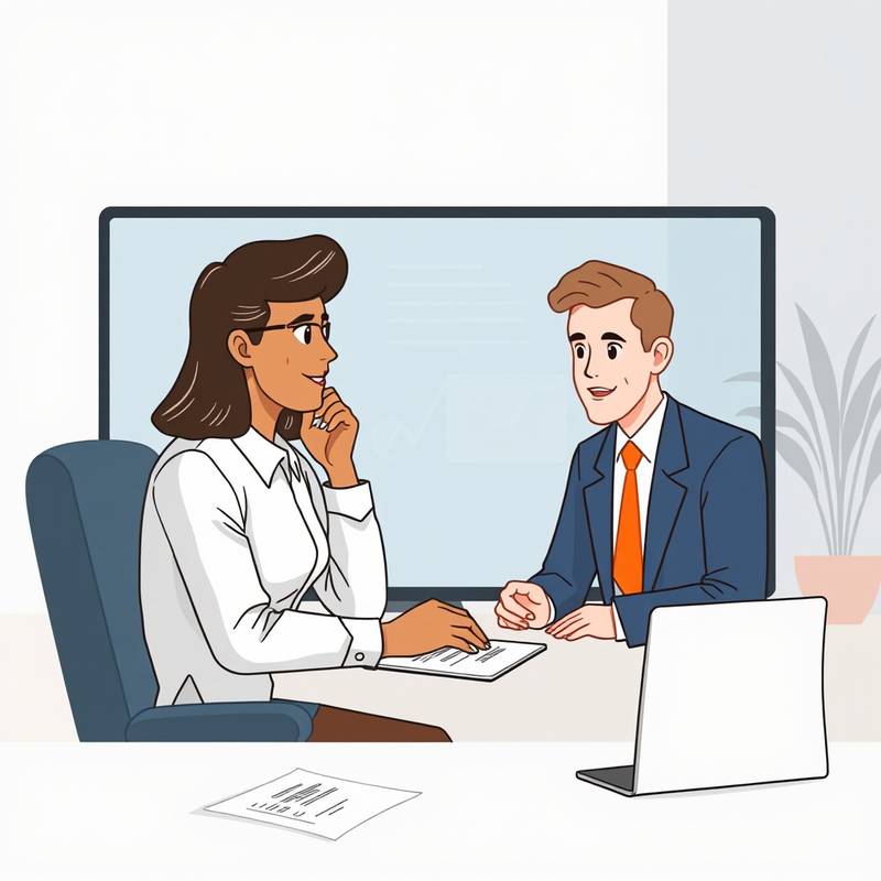 Illustratie van een online interview, focus op technische aspecten en lichaamstaal voor de camera.