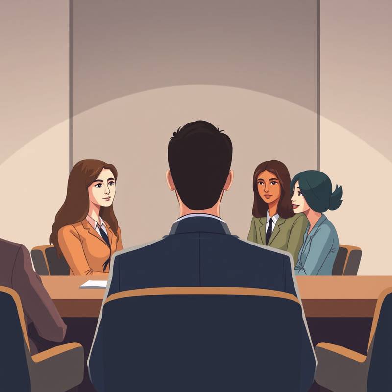 Illustratie van een panel interview, met een kandidaat die wordt geinterviewd door meerdere personen.