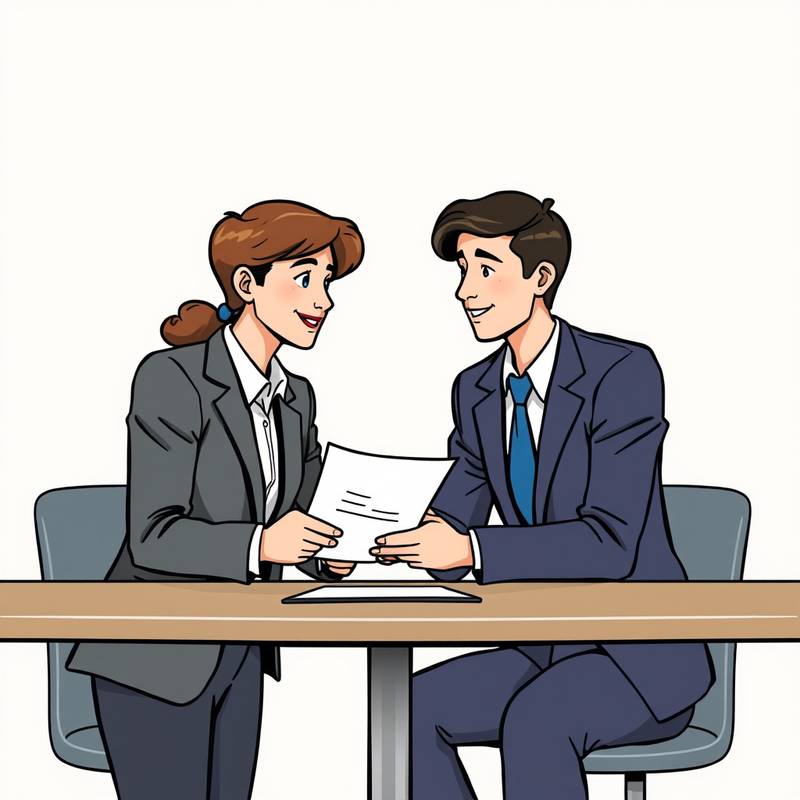 Illustratie van een salarisonderhandeling, twee mensen in gesprek over een contract.